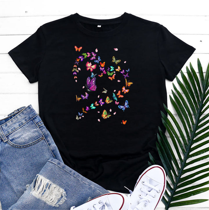 Women's Fashionable Simple Heart Butterfly Printed Round Neck Short Sleeve T-shirt-Blouses & Shirts-Zishirts