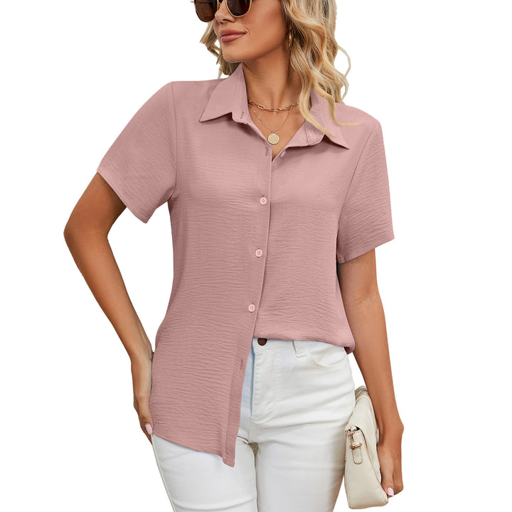 Women's Summer Anti-wrinkle V-neck Casual Loose Solid Color Shirt Top-Blouses & Shirts-Zishirts