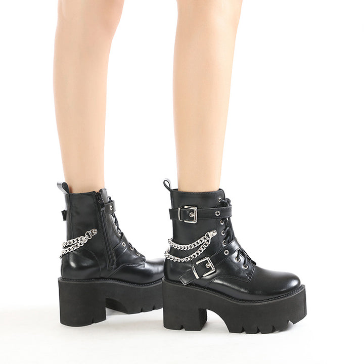 Chunky Heel Platform Women's Boots Belt Buckle-Womens Footwear-Zishirts