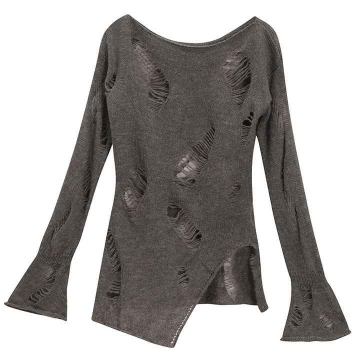 Outer Wear Ripped Gray Sweater Top-Sweaters-Zishirts