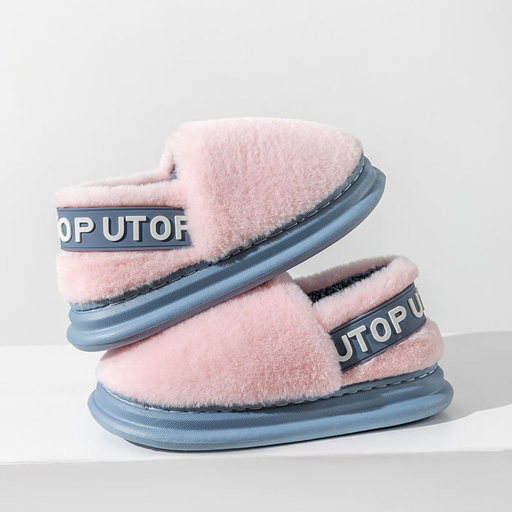 Winter Letter Cotton Shoes With Heel Garden Outdoor Indoor Floor Home Slippers Thick-soled Plush Slippers Women Men Couple-Womens Footwear-Zishirts