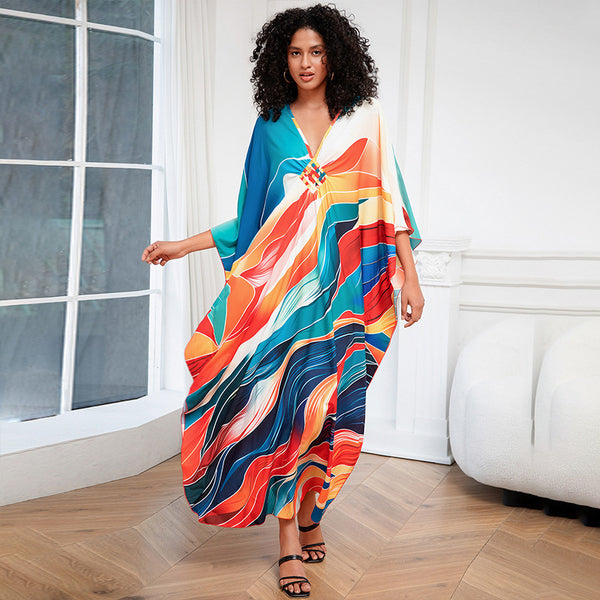 Print Holiday Loose Plus Size Robe Beach Cover-up Dress-Womens 2024 March-Zishirts