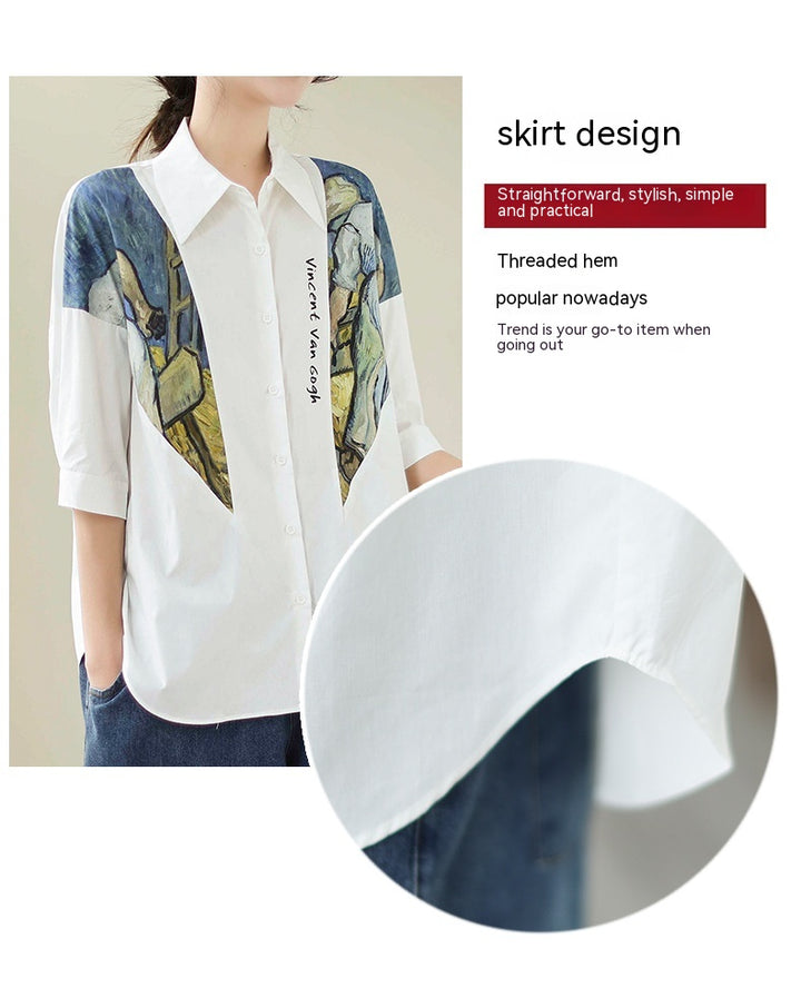 Cotton And Linen Large Size Loose Stitching Short Sleeve Shirt-Blouses & Shirts-Zishirts