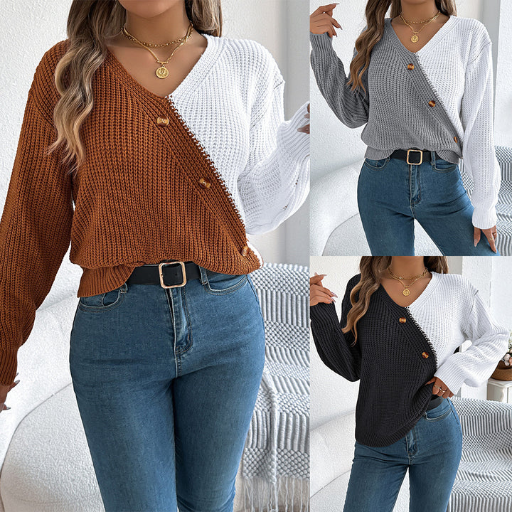 Casual V-neck Button Contrast Color Lantern Sleeve Pullover Sweater-Sweaters-Zishirts