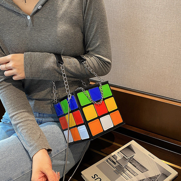 Fashion Color Contrast Cute Personality Creative Rubik's Cube Shape Portable Hand-carrying Chain Bag-Women's Bags-Zishirts