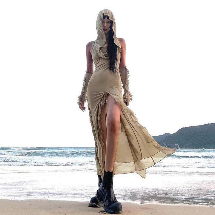 Dune Waste Soil Balaclava Design Solid Color Dress Retro Sexy Slim Fit Slit-Lady Dresses-Zishirts