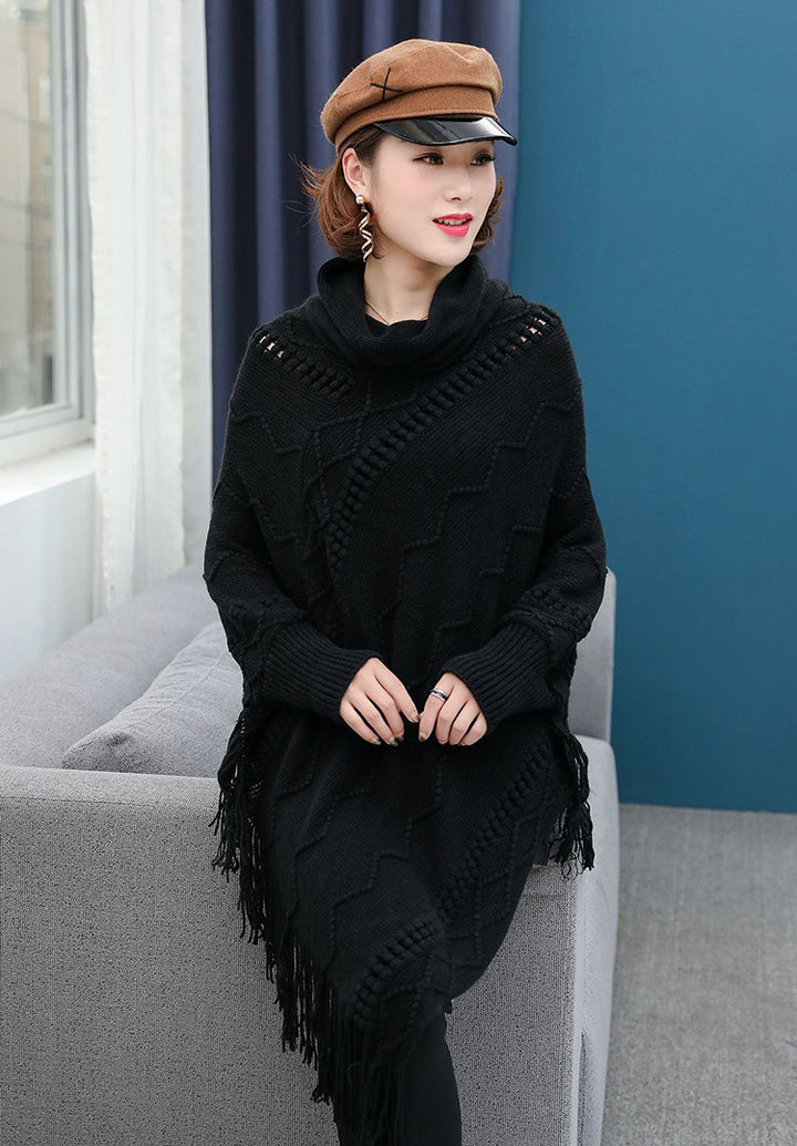 Autumn And Winter New Tassel Knitwear Shawl High Collar Warm Batwing Sleeve Pullover-Scarves & Wraps-Zishirts