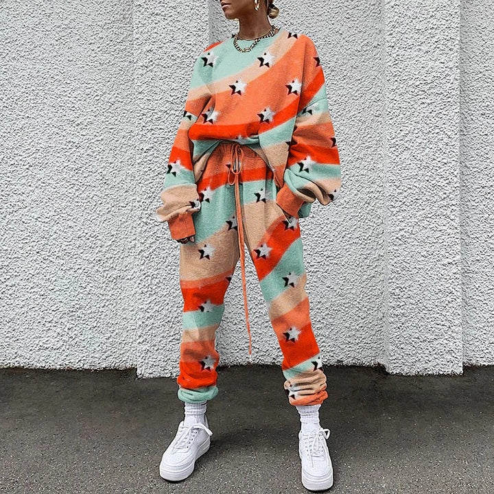 Printed Round Neck Long Sleeve Trousers Sports Suit-Suits & Sets-Zishirts