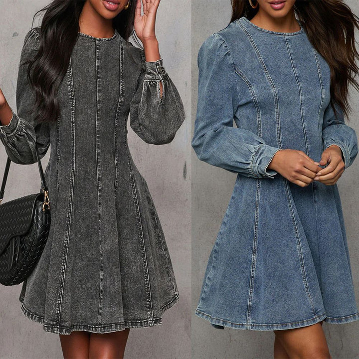 Elegant Patchwork Waist-slimming Women's Denim Long Sleeve Dress-Lady Dresses-Zishirts