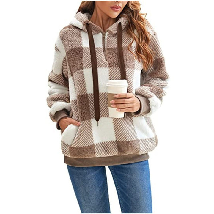 Fashion Plaid Hooded Sweatshirt With Pockets Casual Zipper Plush Tops For Womens Clothing-Jackets-Zishirts