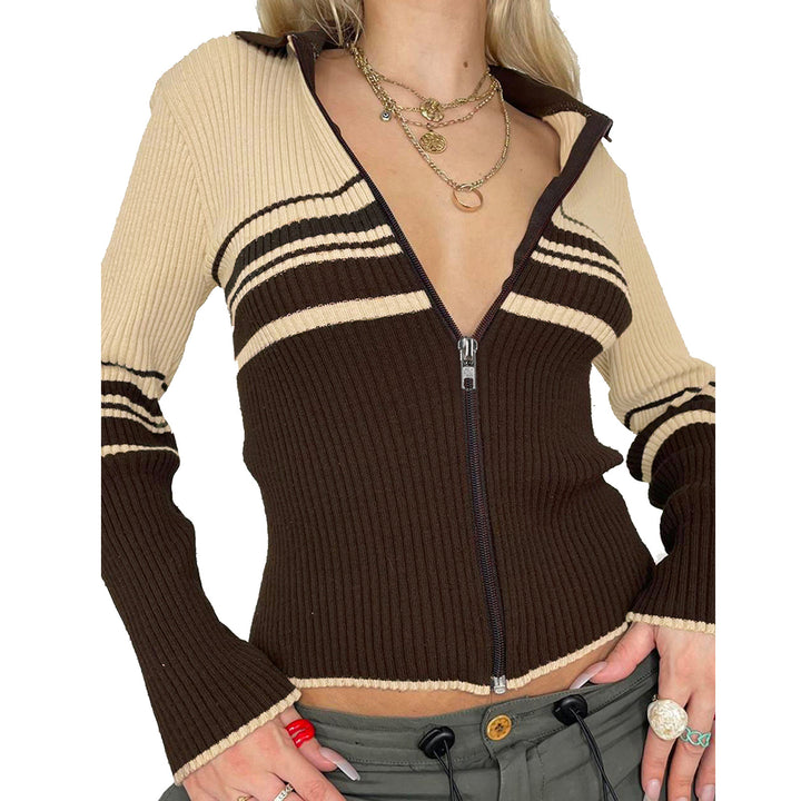 Vintage Stripe Stitching Lapel Long Sleeve Zipper Jacket-Sweaters-Zishirts