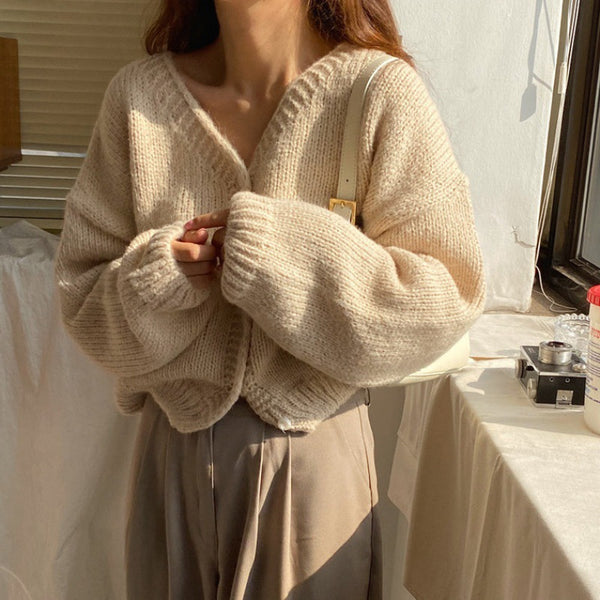 Women's Round Neck Single-breasted Loose Long-sleeved Knitted Sweater-Sweaters-Zishirts