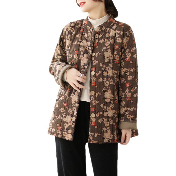 Floral Stand Collar Loose And Warm Cotton-padded Coat-Jackets-Zishirts