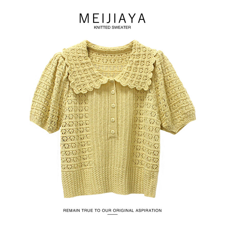 Gentle Hand Crocheting Hollow Knitted Short Sleeve-Sweaters-Zishirts