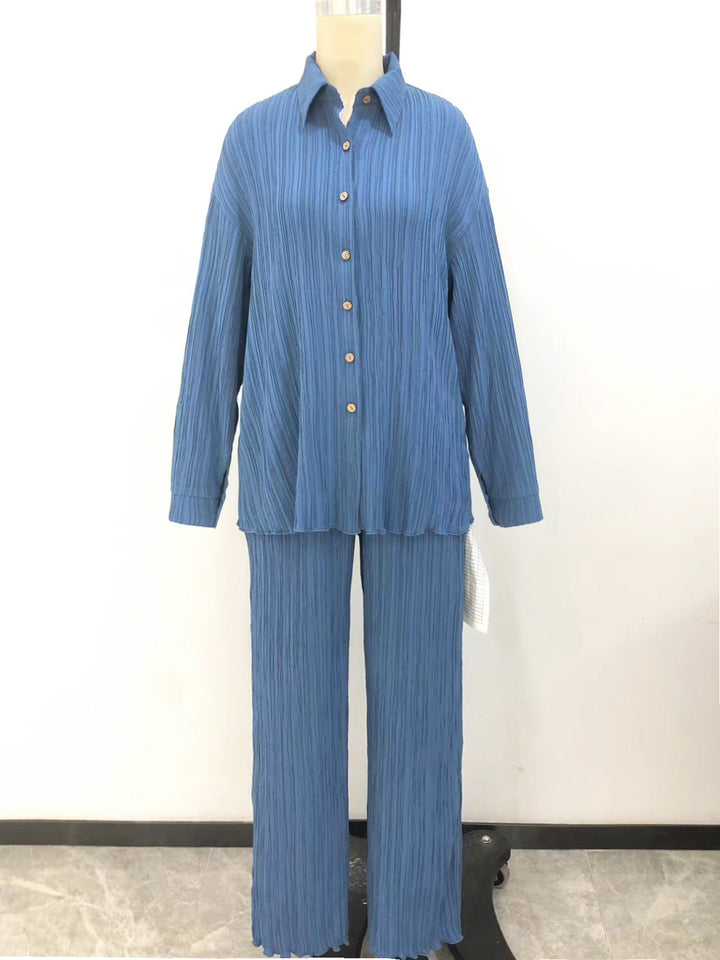 Button Shirt Solid Color Straight-leg Pants Two Pieces-Suits & Sets-Zishirts