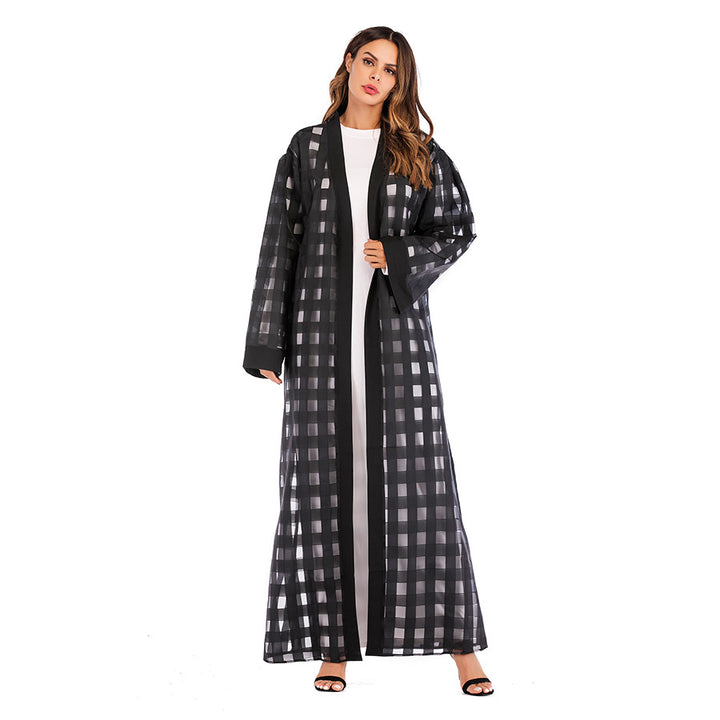 Muslim Plaid Loose Sleeved Lace Up Robe For Women-Jackets-Zishirts