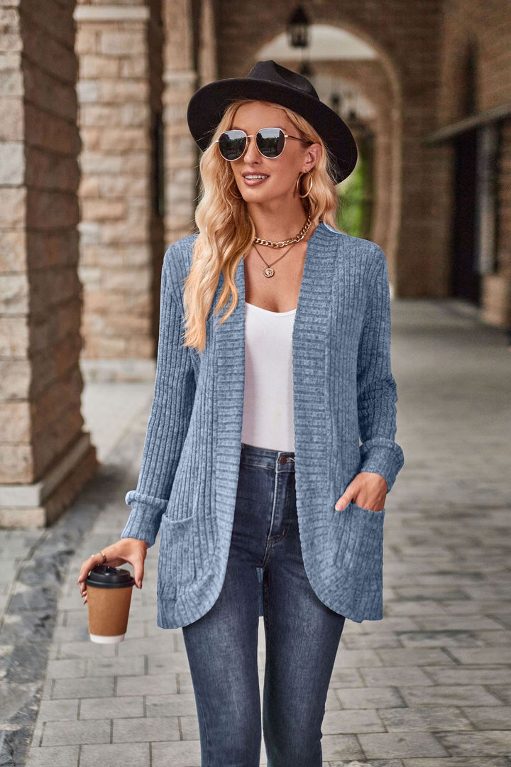 Solid Color Rib Fabric Sanding Casual Patchwork Long Sleeve Cardigan Jacket-Jackets-Zishirts