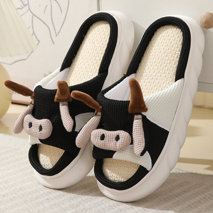 Cute Cartoon Cow Frog Slippers Linen Non-slip Shoes Indoor Garden Home Slippers-Womens Footwear-Zishirts