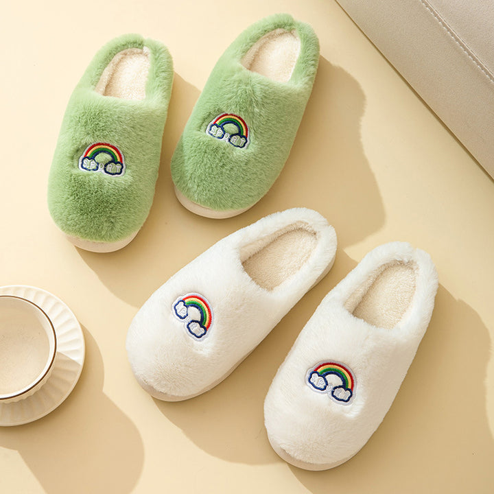 Kawaii Rainbow Embroidered Slippers Warm Slip On Plush Shoes Couple Indoor Home Slippers Winter-Womens Footwear-Zishirts