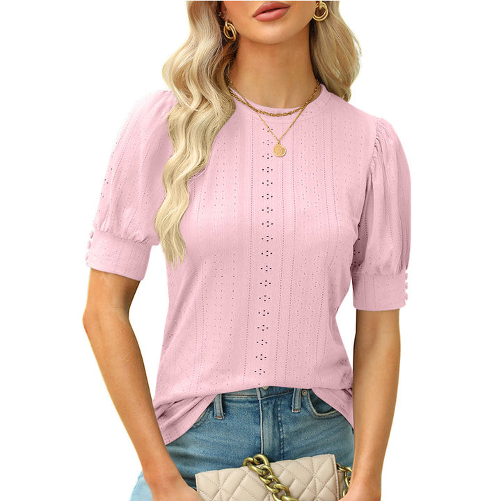 Summer Round Neck Hole Hollow-out Button Short-sleeved Casual Top-Women's Outerwear 2023-Zishirts