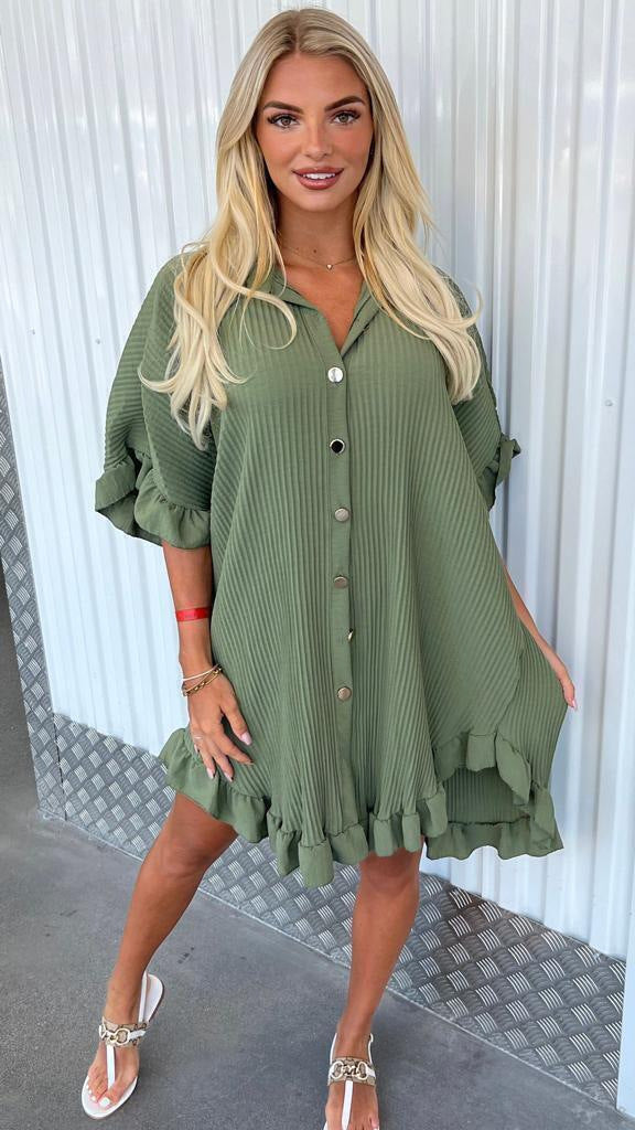 Summer Solid Color Shirt Dress Ruffle Sleeve Irregular Shirt Dress-0-Zishirts