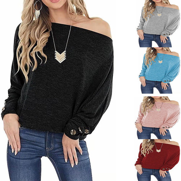 Women's Off-shoulder Button Solid Color Long Sleeve Casual T-shirt-Blouses & Shirts-Zishirts