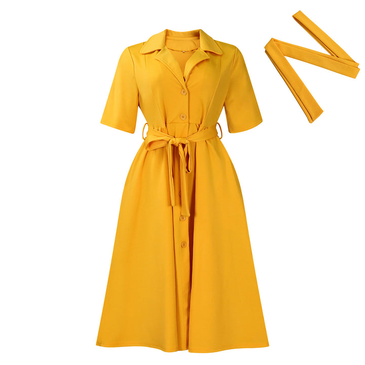 Short Sleeve Suit Collar Strap Solid Color Dress-Lady Dresses-Zishirts