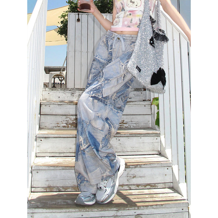 Vintage Oil Painting Printed Drawstring Jeans High Waist Loose Wide Leg Pants-Woman Jeans-Zishirts