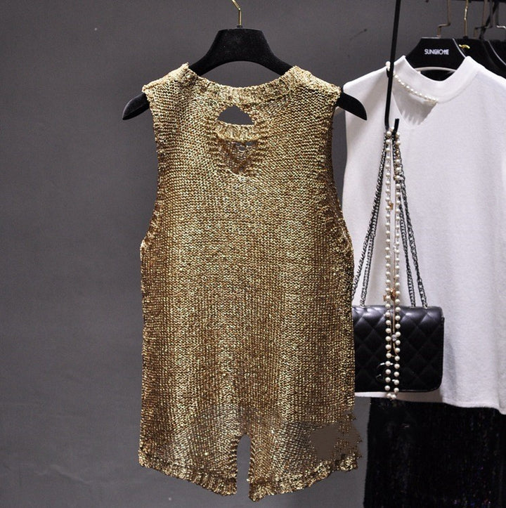 Hollow-out Crew Neck Split Sequin Sling Vest Sleeveless Top-Blouses & Shirts-Zishirts