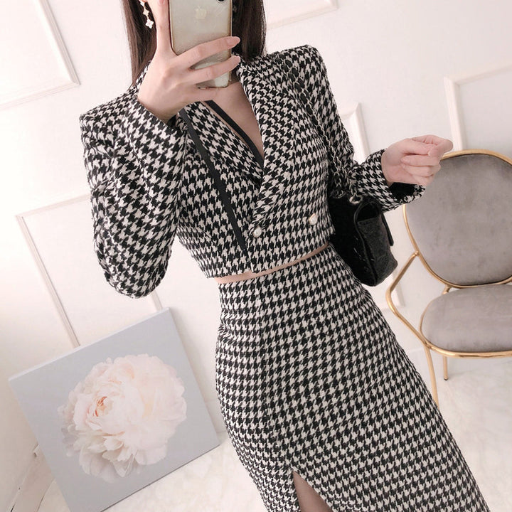 Slim Fit Houndstooth Coat Women-Suits & Sets-Zishirts