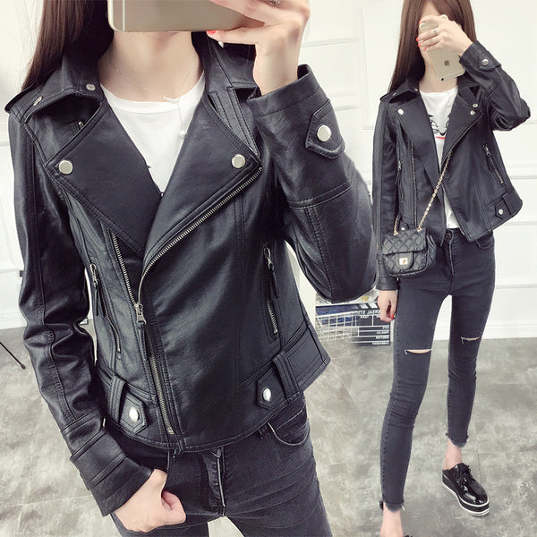 Women's Slim-fit Lapel Leather Coat-Jackets-Zishirts