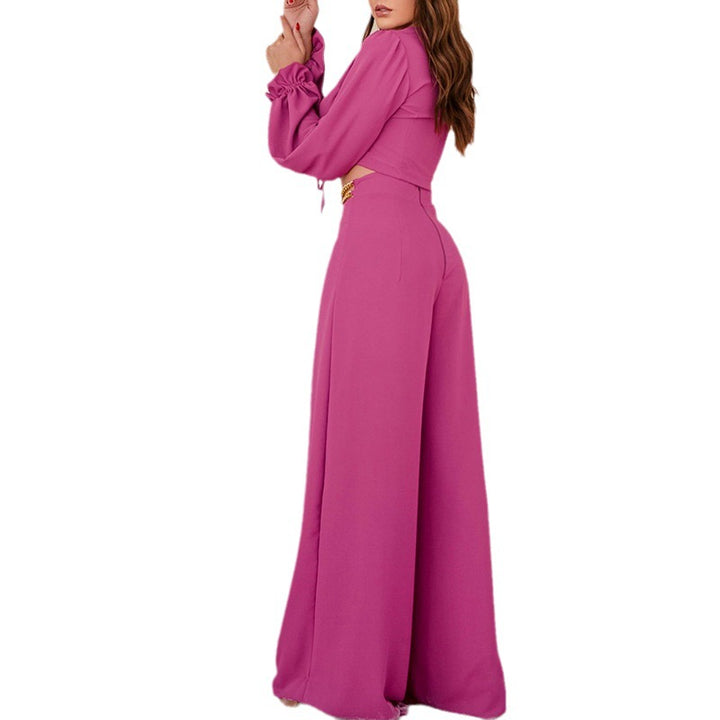 Women's Fashion V-neck Petal Sleeve Short Top Wide Leg Pants Suit-Suits & Sets-Zishirts