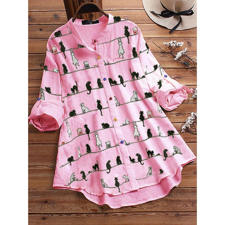 Spring New Cartoon Printed T-shirt Color Button Shirt-Blouses & Shirts-Zishirts