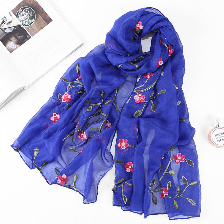 Women's Chiffon Flower Embroidered Silk Scarf Beach Shawl-Scarves & Wraps-Zishirts