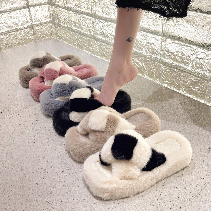 Cross-strap Fuzzy Slippers With 5cm Heel Shoes Women Fashion Winter Indoor Plush House Shoes-Womens Footwear-Zishirts