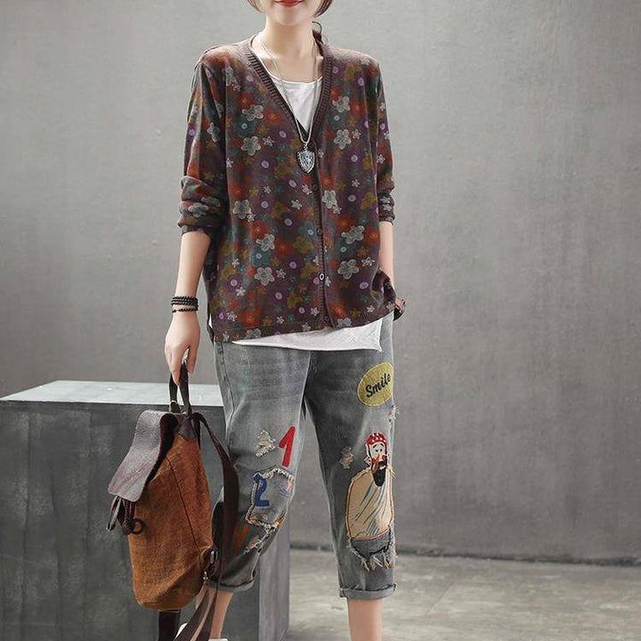 Women's Retro Art Floral Print Knitted Cardigan Sweater Coat-Sweaters-Zishirts