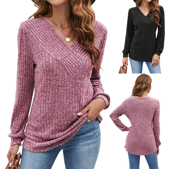 Women's Plus Size Long Sleeve V-neck Casual Top-Sweaters-Zishirts