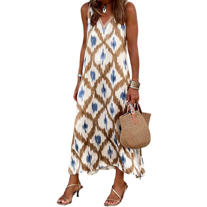 Women's Fashion Temperament Printed Cardigan V-neck Sleeveless Midi Dress-Lady Dresses-Zishirts