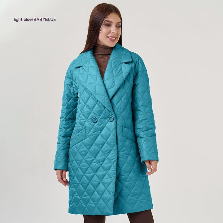 Long Women's Cotton Padded Clothing Casual Waist Tight Plaid Winter Clothing-Jackets-Zishirts