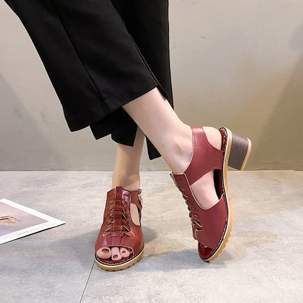 New Chunky Heel Round Toe Hollow-out Side Zipper Sandals Women's Large Size Casual Roman Sandals Women-Womens Footwear-Zishirts