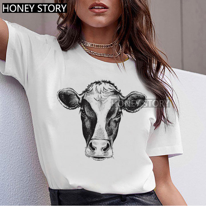 T-shirt Animal Cute Pattern Round Neck White Short-sleeve Top-Women's Outerwear 2023-Zishirts