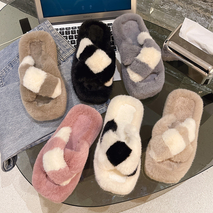 Cross-strap Fuzzy Slippers With 5cm Heel Shoes Women Fashion Winter Indoor Plush House Shoes-Womens Footwear-Zishirts