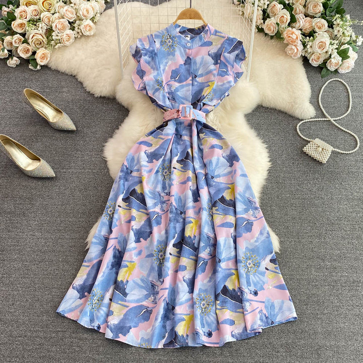 Gentle Stand-up Collar Cinched Slimming Printed A- Line Large Hem Dress-Lady Dresses-Zishirts