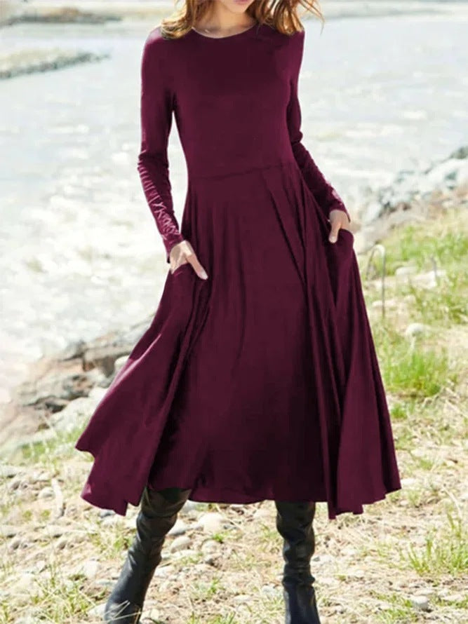 Long Sleeve Round Neck Solid Color Long Women's Clothing Dress-Lady Dresses-Zishirts