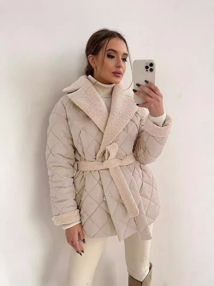 Winter Lapel Plaid Coat Fashion All-match Waist-tied Design Coat For Women Outwear Clothing-Jackets-Zishirts