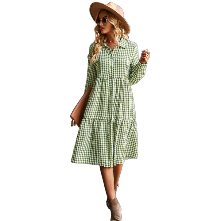 Wide Hem Long Sleeve Dress Plaid Casual Dress-Lady Dresses-Zishirts