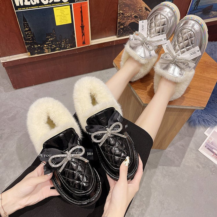 Bow Fluffy Shoes Female Glossy Low-top Snow Boots-Womens Footwear-Zishirts