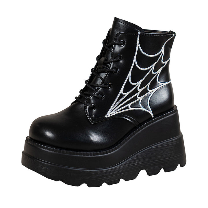 Platform Wedge Dr Martens Boots Autumn And Winter Spider Web Round Toe Lace-up Short Leather Boots-Womens Footwear-Zishirts