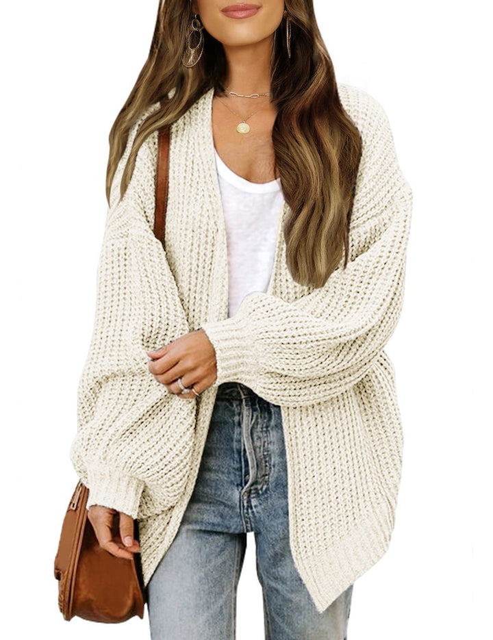 Fashion Lantern-sleeved Sweater With Pockets Casual Loose Solid Knit Cardigan Autumn Tops Womens Clothing-Jackets-Zishirts