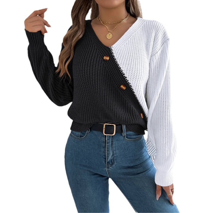 Casual V-neck Button Contrast Color Lantern Sleeve Pullover Sweater-Sweaters-Zishirts